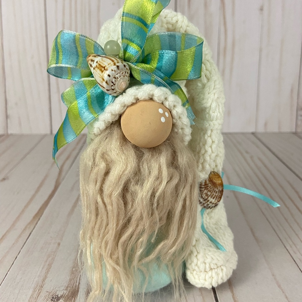 Handmade Beach Gnome Aqua Flannel Seashell Bow Coastal Decor